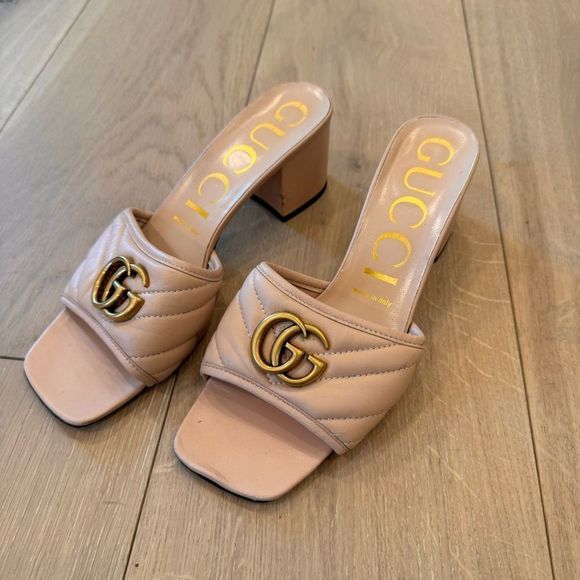 GUCCI 
Nappa Matelasse GG Marmont 55mm Slide Sandals Skin Rose 38 1/2 - Picture 4 of 16
